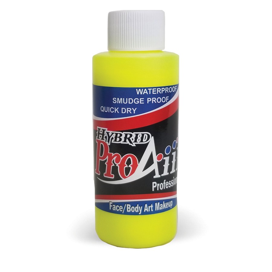 ProAiir Hybrid Flo Yellow 60ml fles met felgele airbrush schmink op alcoholbasis, fluorescerend en watervast, verkrijgbaar bij SchminkenGrime.nl