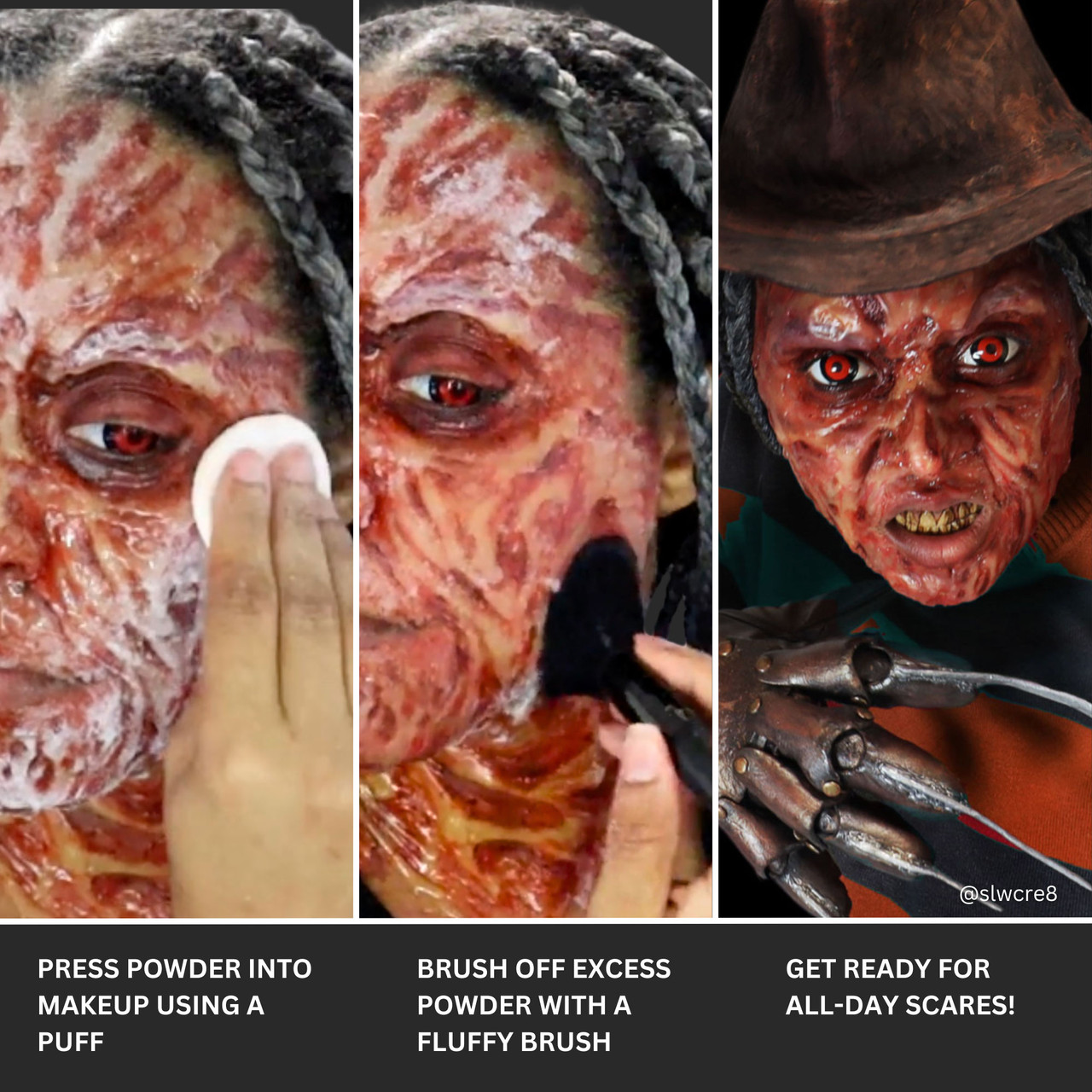 Zo gebruik je Mehron Colorset Powder stap voor stap | SchminkenGrime.nl Stap-voor-stap: Mehron Colorset Powder aanbrengen over SFX make-up met puff en kwast