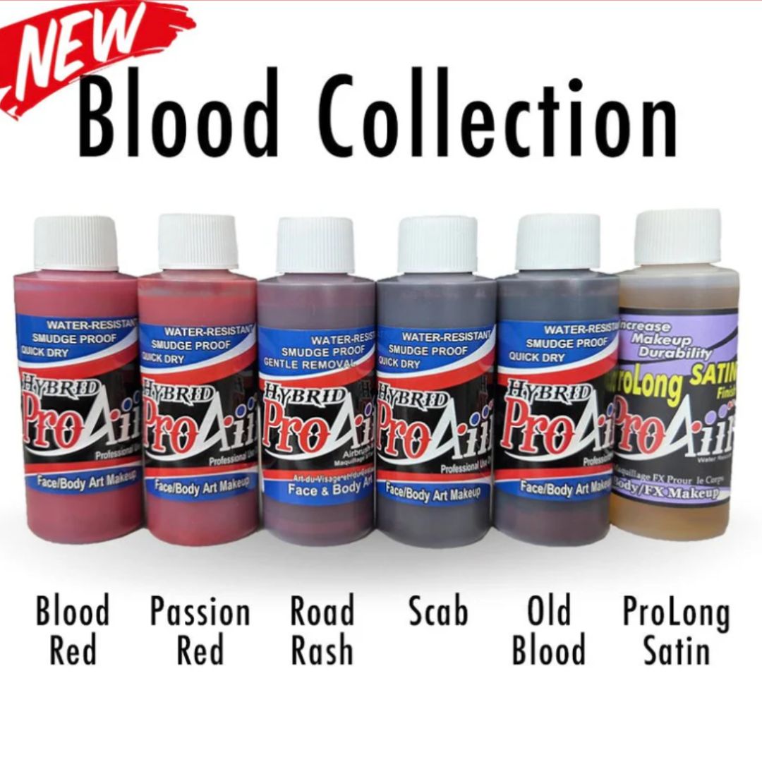 ProAiir Hybrid Blood Colors Pack 6x30ml met 5 bloedtinten en ProLong Satin finish, realistische SFX schmink, verkrijgbaar bij SchminkenGrime.nl