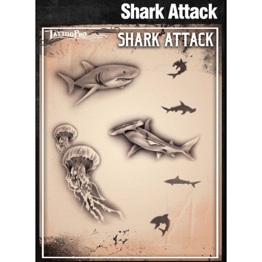 Wiser’s TattooPro airbrush stencil met haaien en zee-elementen, perfect voor stoere tijdelijke tattoos met een oceaan- of actie-thema, verkrijgbaar bij SchminkenGrime.nl