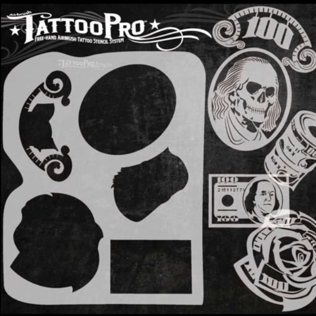 TattooPro stencil van Wiser’s met ontwerpen geïnspireerd op geld, macht en hiphopcultuur, geschikt voor airbrush tattoos met een urban uitstraling, verkrijgbaar bij SchminkenGrime.nl