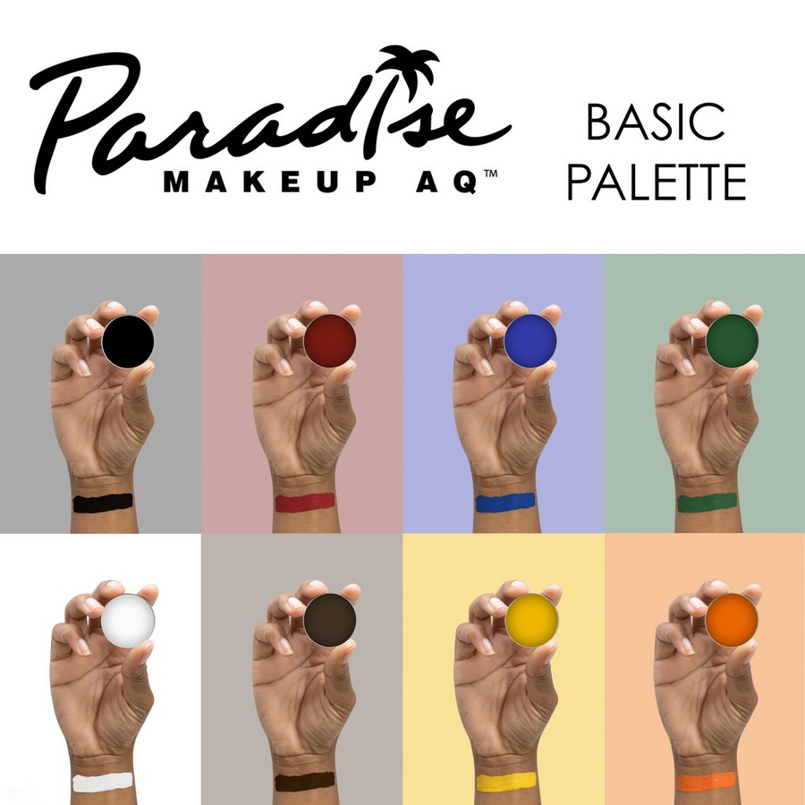 Kleuren uit het Mehron Paradise Basic Palette op de huid | SchminkenGrime.nl Swatches van de 8 basiskleuren uit het Mehron Paradise Basic Palette op de huid, verkrijgbaar bij SchminkenGrime.nl