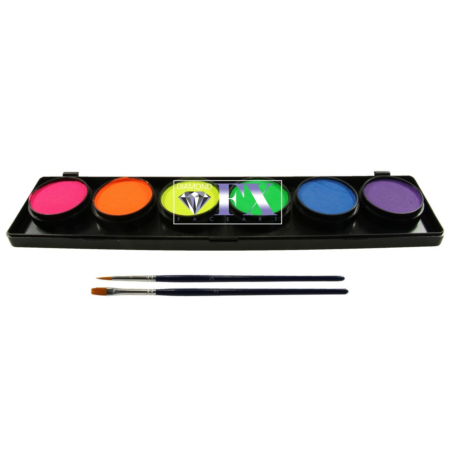 Klein neon schminkpalette van Diamond FX met heldere kleuren voor felle accenten, verkrijgbaar bij SchminkenGrime.nl