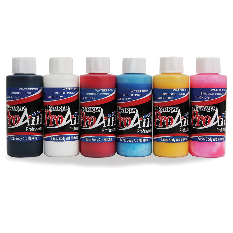 ProAiir Hybrid Colors Pack met 6 populaire kleuren van elk 30ml, alcoholbased airbrush schmink voor professioneel gebruik in face- en bodypaint, verkrijgbaar bij SchminkenGrime.nl