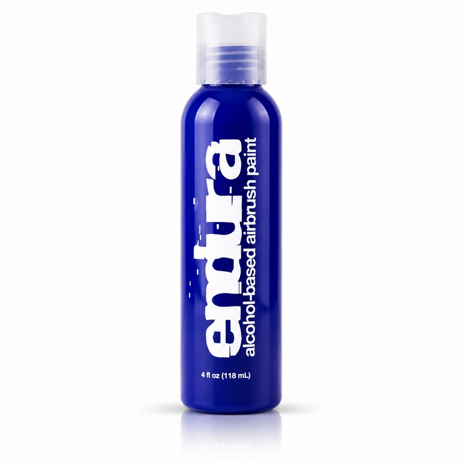EBA Endura Fluorescent Blue alcohol-based airbrush make-up in 120 ml verpakking met intense UV-reactieve neonblauwe kleur, verkrijgbaar bij SchminkenGrime.nl
