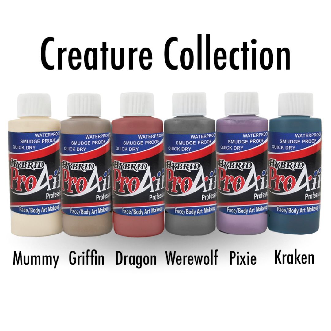 ProAiir Creature Pack – kleurenoverzicht met namen (6x30ml), verkrijgbaar bij SchminkenGrime.nl Overzicht van ProAiir Hybrid Creature Pack 6x30ml met alle kleuren en naamlabels zichtbaar, toont de unieke tinten airbrush schmink voor fantasy en monsters, verkrijgbaar bij SchminkenGrime.nl