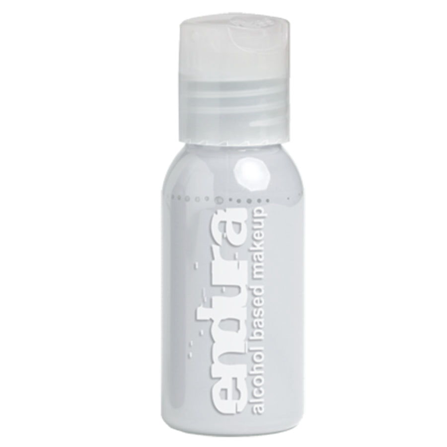 Endura Airbrush Makeup Fluorescent White (1oz), alcoholbased UV-schmink die oplicht onder blacklight, perfect voor SFX, bodypaint en neon looks, verkrijgbaar bij SchminkenGrime.nl