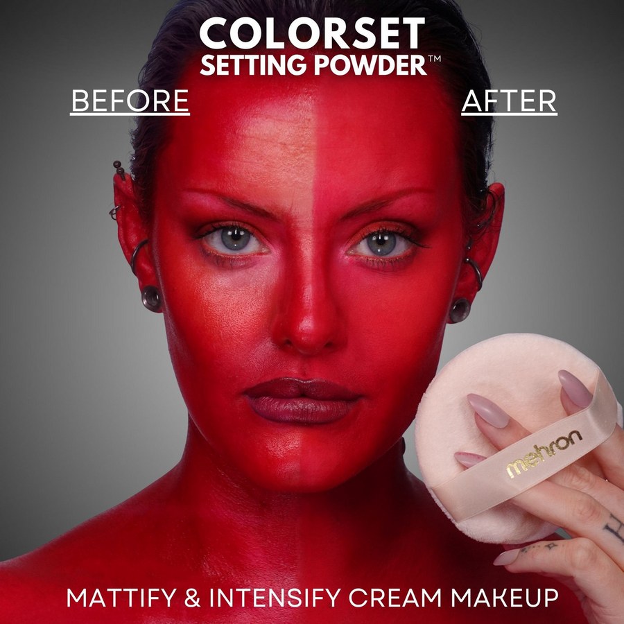 Mehron Colorset Powder Bold Rood, talkvrij en vegan fixeerpoeder dat je look urenlang op zijn plek houdt.