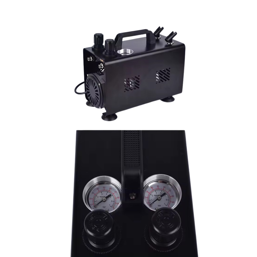 Zwarte Airbrush Compressor Kit – compressor en pistool inclusief adapter en slang in beeld, verkrijgbaar bij SchminkenGrime.nl