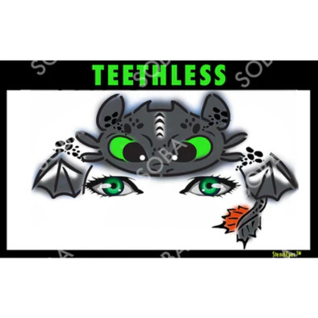 ProAiir StencilEyes Teethless airbrush sjabloon voor het voorhoofd, stoer drakendesign, verkrijgbaar bij SchminkenGrime.nl