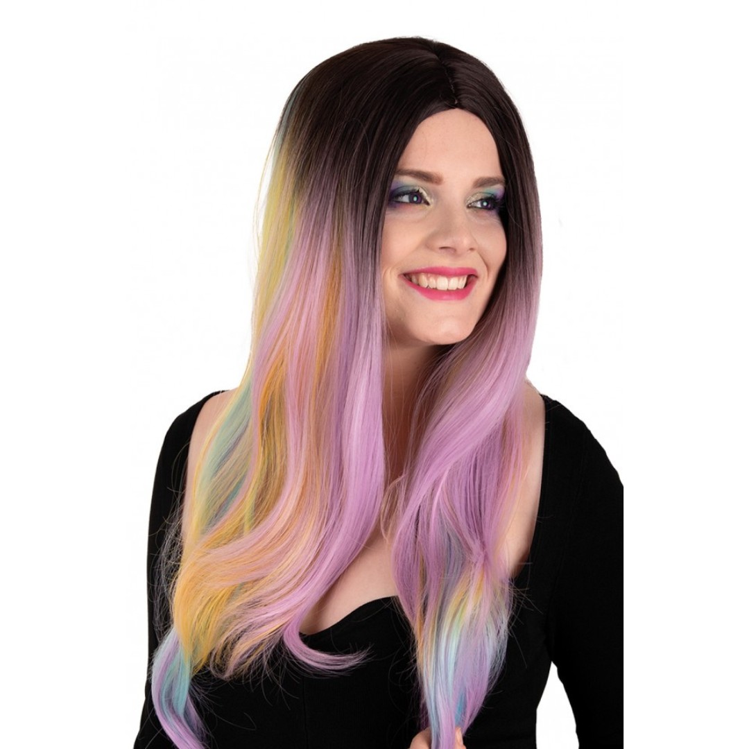 PXP Pruik Selena lang met Pastel  Regenboog krullen (75cm)