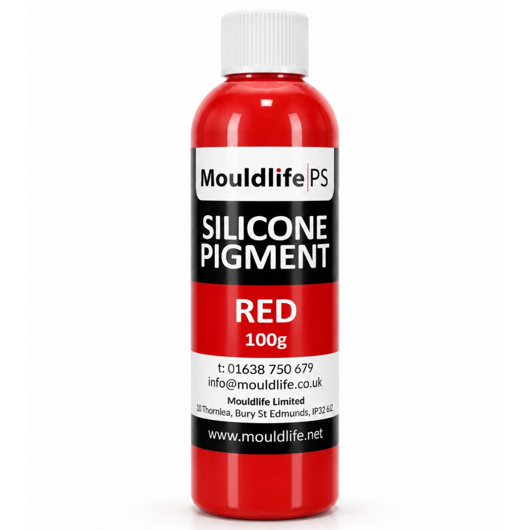 Mouldlife Silicone Pigment Rood 100 gram, hoog geconcentreerd siliconenpigment waarvan één druppel volstaat om silicone zoals Platsil te kleuren, voor SFX-prothesen verkrijgbaar bij SchminkenGrime.nl