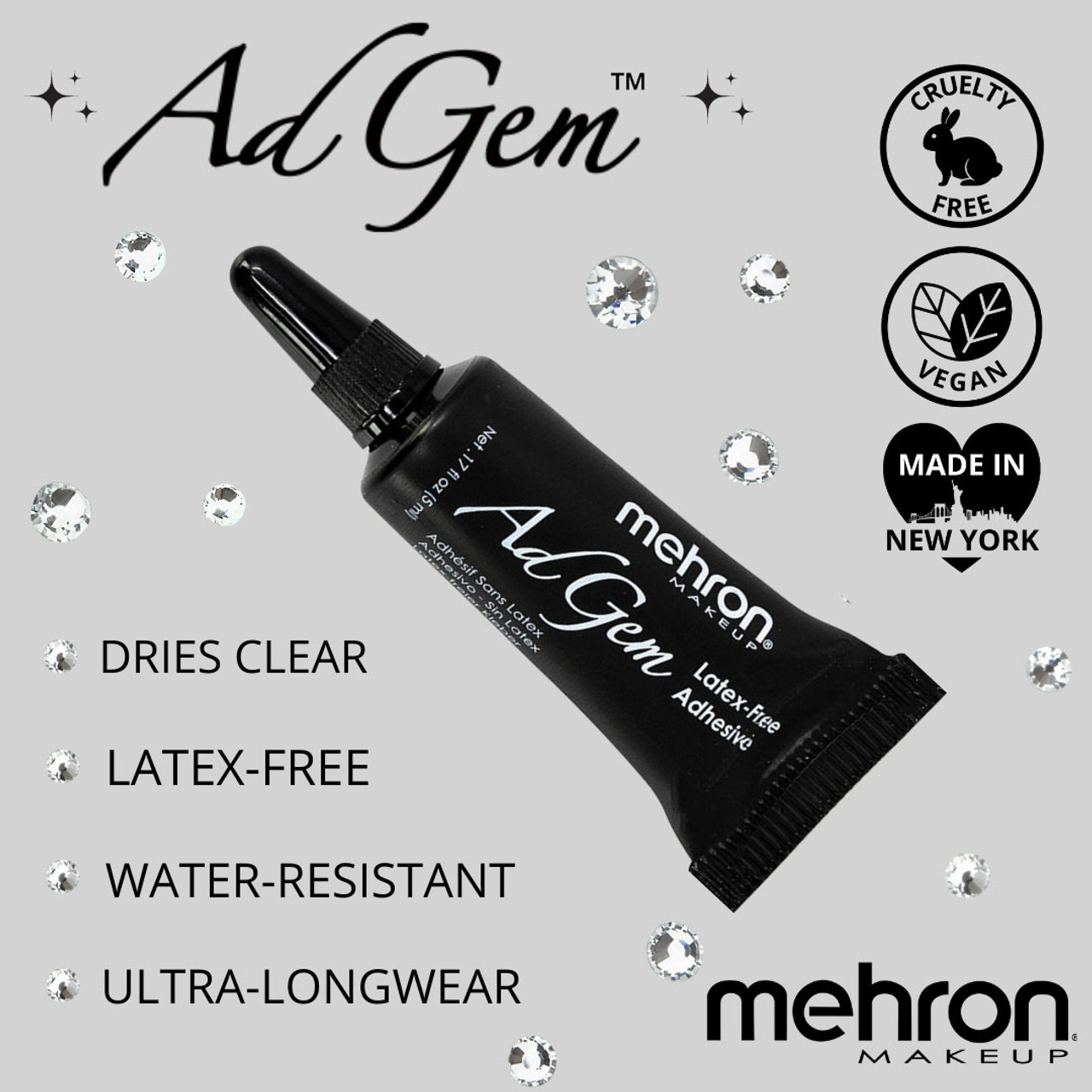 Mehron AdGem 3,5 ml with Rhinestones Mehron AdGem, huidlijm van 3,5ml, perfect voor het bevestigen van glitters en lichte protheses, verkrijgbaar bij SchminkenGrime.nl.