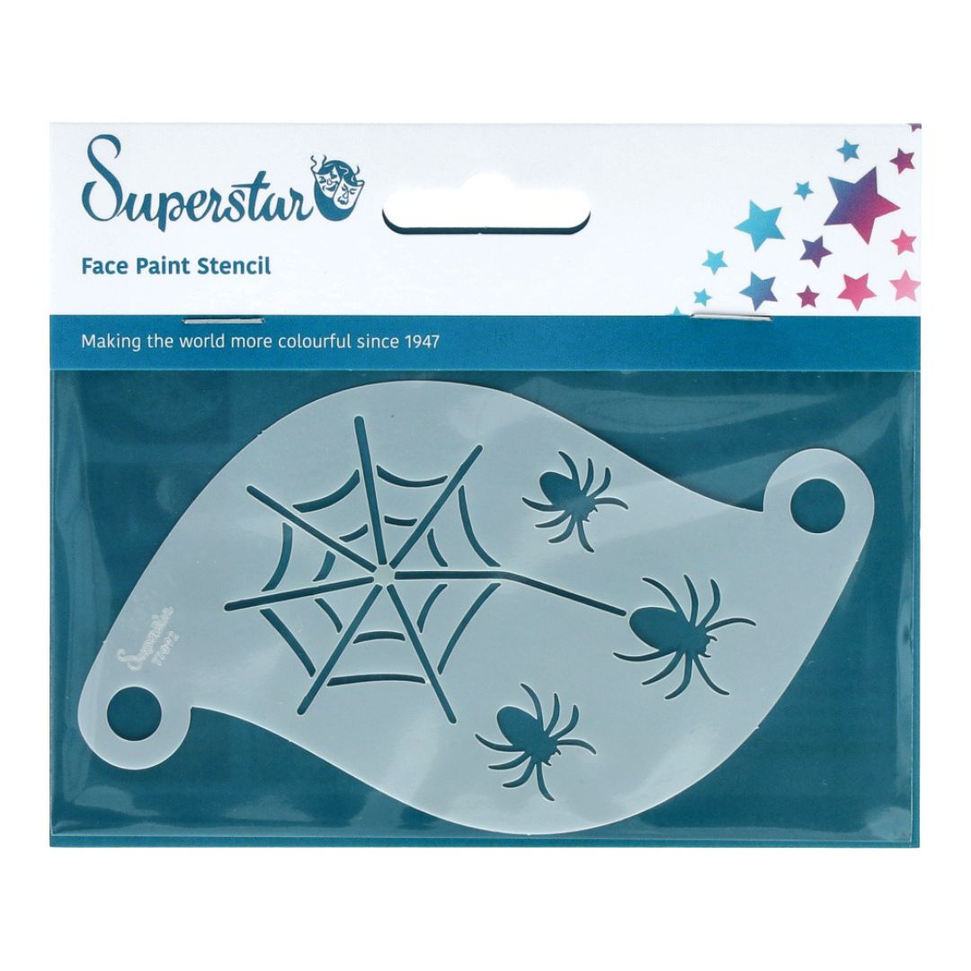 Schminksjabloon met drie spinnen en een web, geschikt voor Halloween- en griezelthema’s, verkrijgbaar bij SchminkenGrime.nl