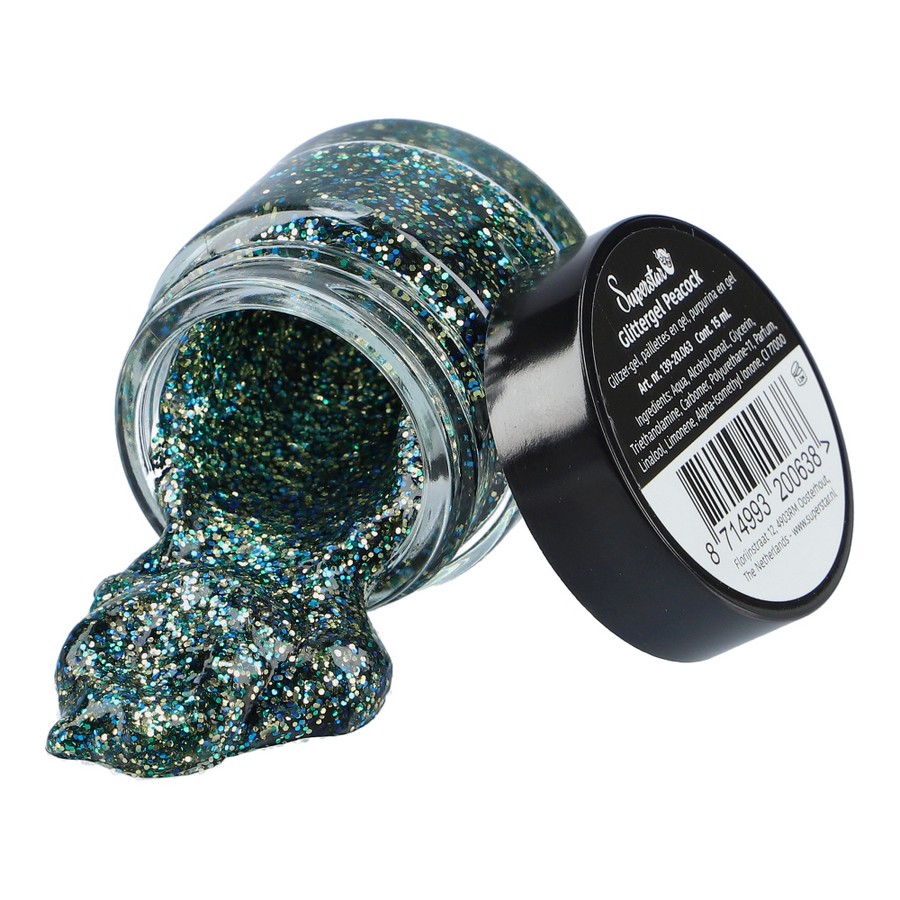 Superstar Glittergel Peacock 15ml met intens glinsterende juweelkleuren voor fantasymake-up, verkrijgbaar bij SchminkenGrime.nl