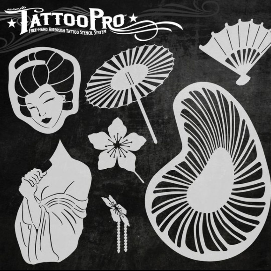 Wiser Tattoo Pro Stencil Japanese Geisha – tattoo inspiratie, verkrijgbaar bij SchminkenGrime.nl Inspiratiebeeld van een airbrush tattoo gemaakt met de Wiser Tattoo Pro Stencil Japanese Geisha, verkrijgbaar bij SchminkenGrime.nl