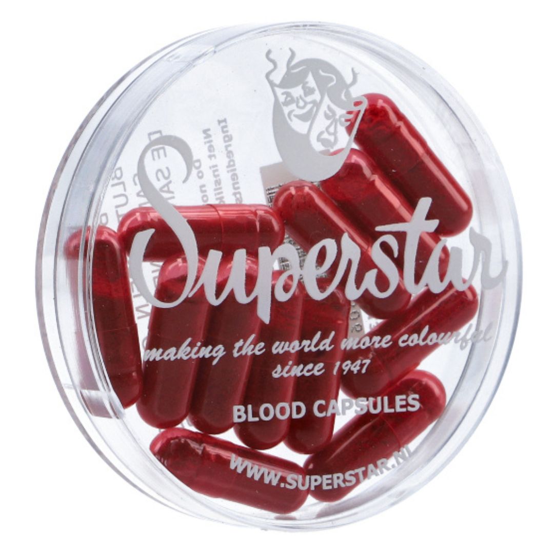 Superstar Bloedcapsules 12 stuks – Voor realistisch nepbloed in je mond | SchminkenGrime.nl Superstar Bloedcapsules – Realistisch nepbloed voor mondgebruik bij SFX en Halloween, set van 12