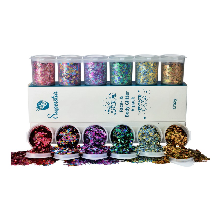 Superstar Chunky Glitterset Crazy met 6 potjes glitter in felle kleuren, geschikt voor schmink en haar, verkrijgbaar bij SchminkenGrime.nl