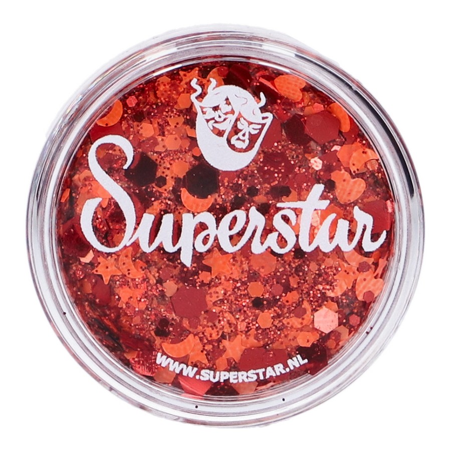 Superstar Chunky Glitter Cream Orange Red Kielegat detailweergave van glitters, verkrijgbaar bij SchminkenGrime.nl