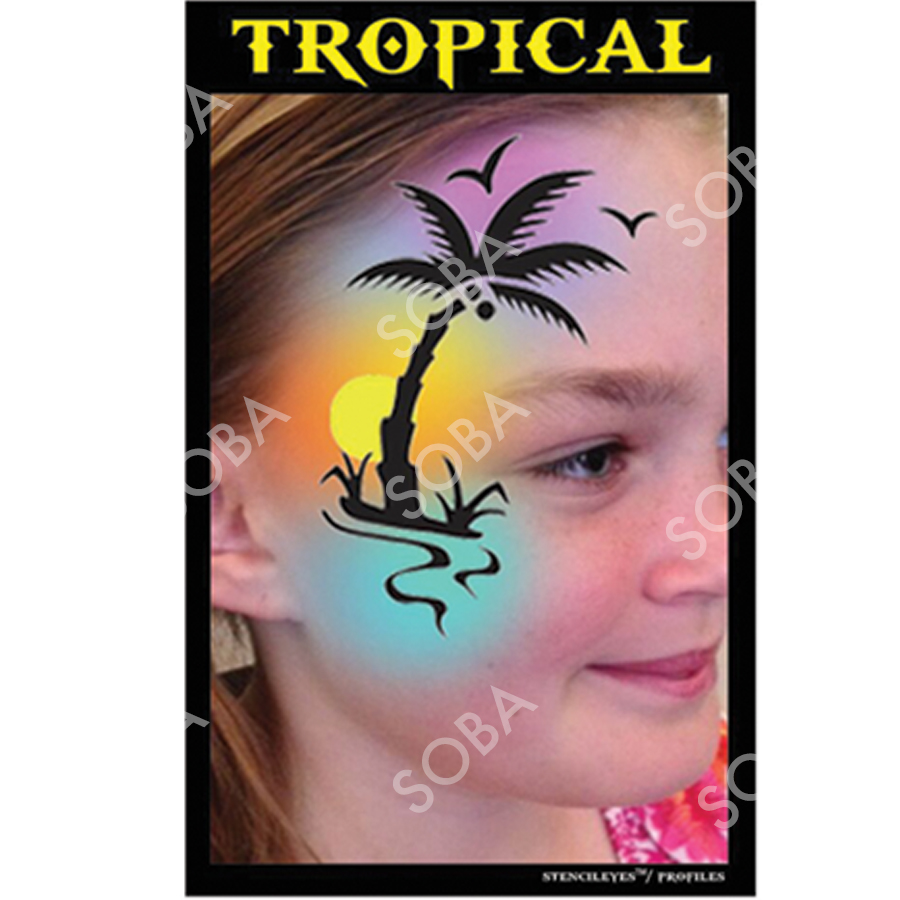 ProAiir Profile Stencil Tropical met palmbladeren en tropische vormen, ideaal voor zomerse schminkontwerpen, verkrijgbaar bij SchminkenGrime.nl