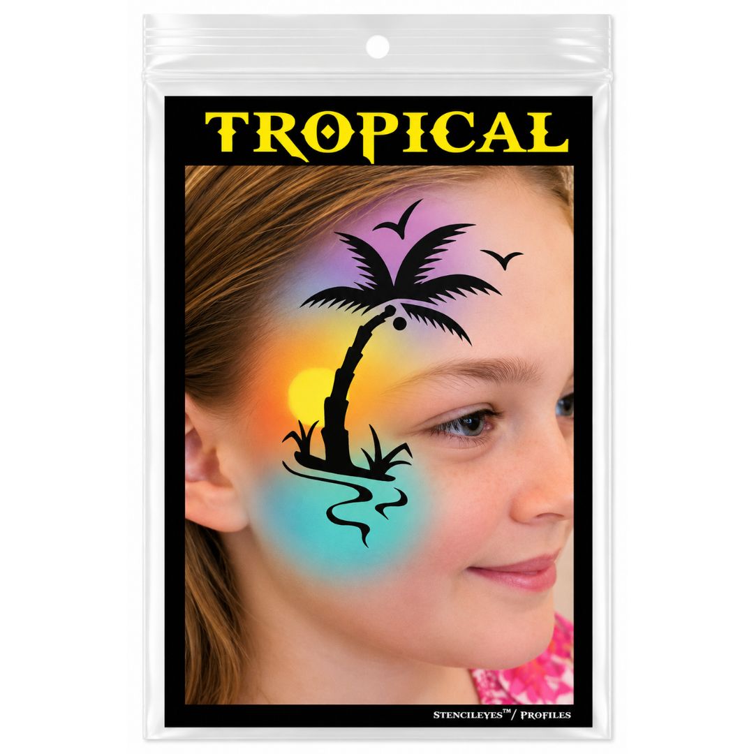 ProAiir Profile Stencil Tropical met palmbladeren en tropische vormen, ideaal voor zomerse schminkontwerpen, verkrijgbaar bij SchminkenGrime.nl