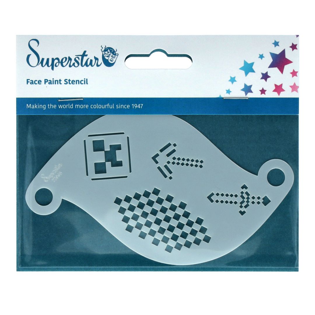 Superstar schminksjabloon Minepix – verkrijgbaar bij SchminkenGrime.nl Superstar schminksjabloon Minepix met Minecraft-geïnspireerde zwaardjes, blokken en pixels, ideaal voor gamers, verkrijgbaar bij SchminkenGrime.nl