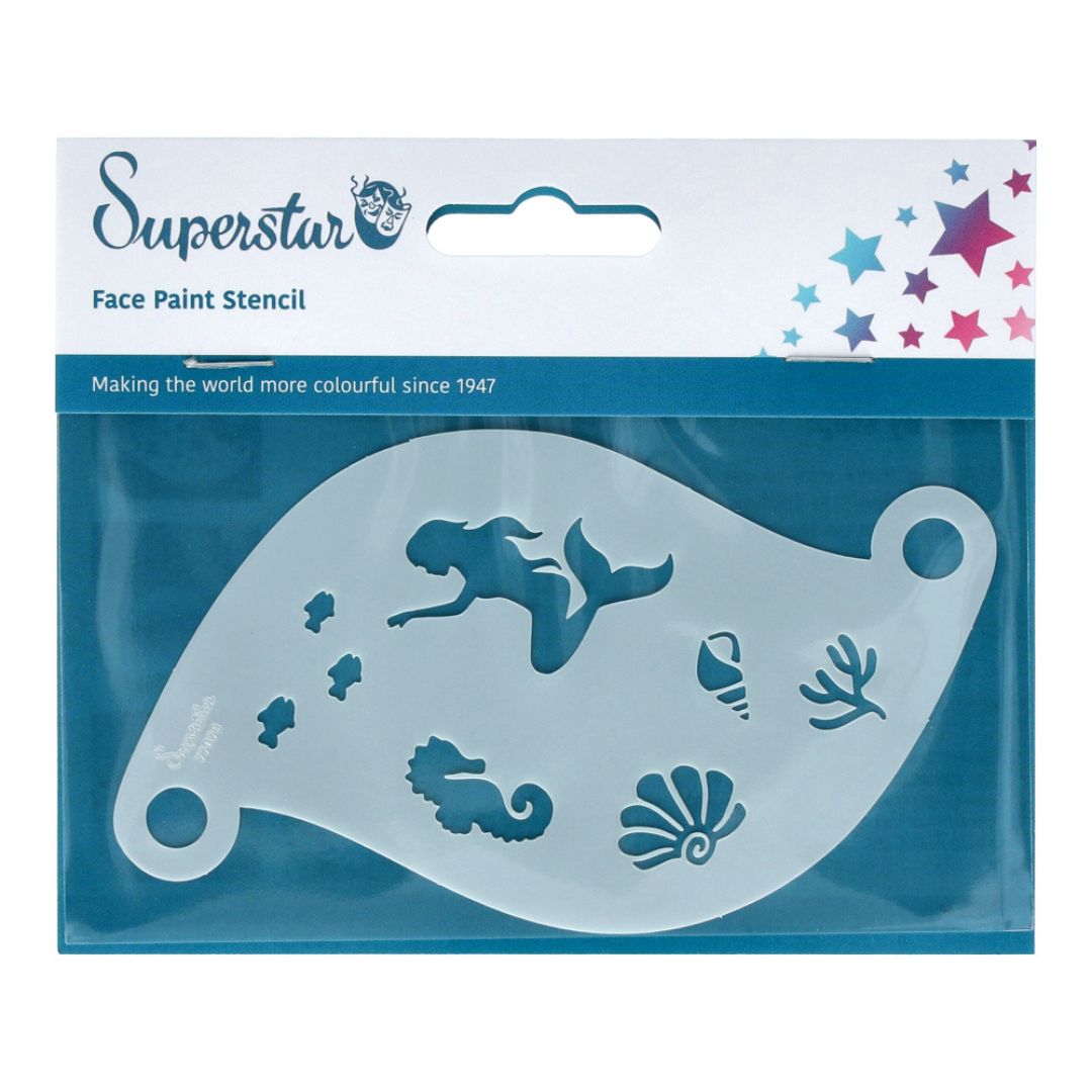 Superstar schminksjabloon Mermaid – verkrijgbaar bij SchminkenGrime.nl Superstar schminksjabloon Mermaid met zeemeermin, vissen, zeepaardje en schelpen, perfect voor onderwater thema's, verkrijgbaar bij SchminkenGrime.nl