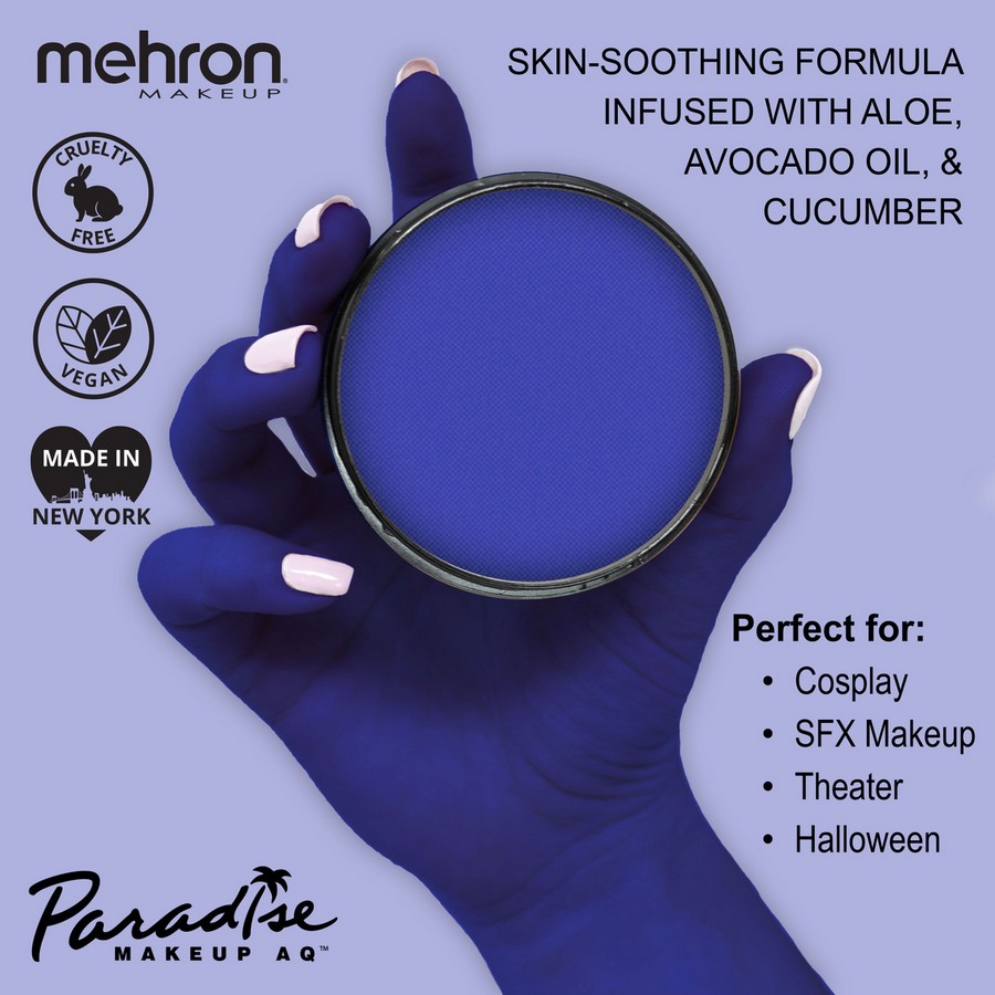 Mehron Paradise Dark Blue – vegan facepaint met verzorgende formule – SchminkenGrime.nl Verzorgende en vegan facepaint: Mehron Paradise Makeup Dark Blue met info over ingrediënten – verkrijgbaar bij SchminkenGrime.nl