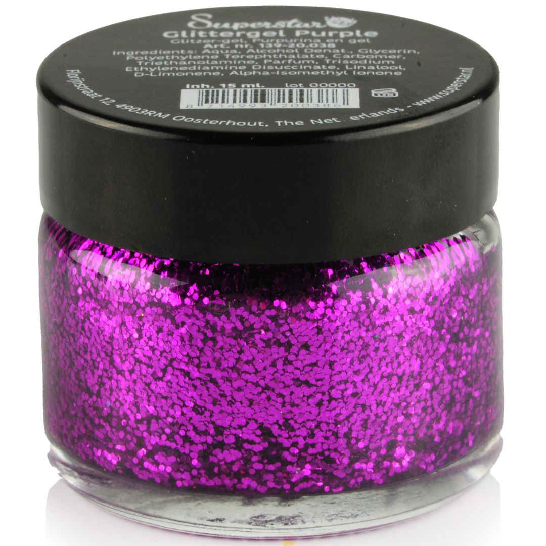 superstar glittergel paars 15ml, klassieke paarse glittergel voor face- en bodypaint, verkrijgbaar bij SchminkenGrime.nl Superstar Glittergel Paars 15ml met rijke paarse glinstering, geschikt voor creatieve make-up of accenten, verkrijgbaar bij SchminkenGrime.nl