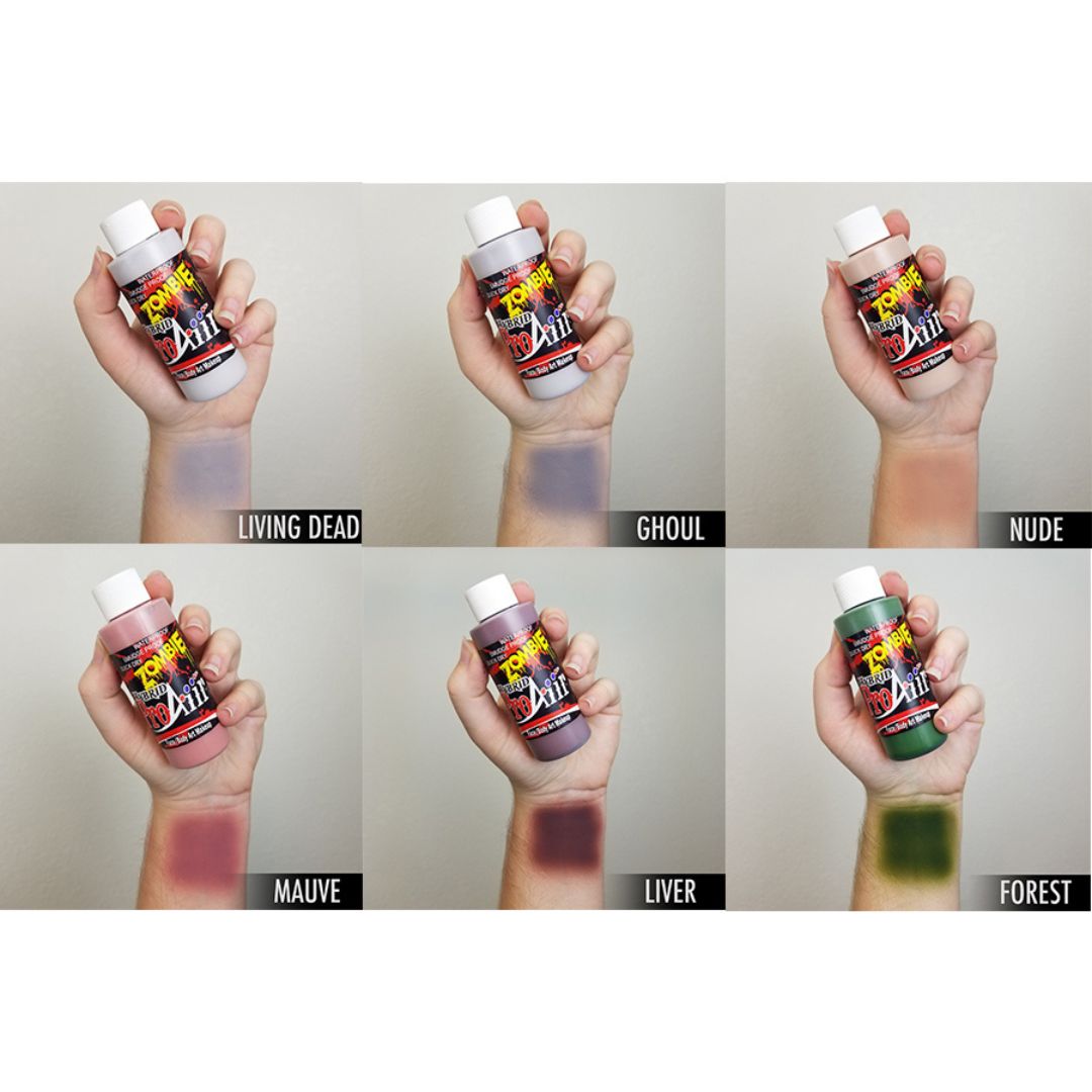 ProAiir Zombie Pack 4 – swatches van airbrush schmink (6x30ml), verkrijgbaar bij SchminkenGrime.nl Swatches op arm van ProAiir Hybrid Zombie Pack 4, 6x30ml, watervaste airbrush schmink met variaties van doffe, verwassen en geïnfecteerde huidkleuren voor realistische zombie en SFX make-up, verkrijgbaar bij SchminkenGrime.nl