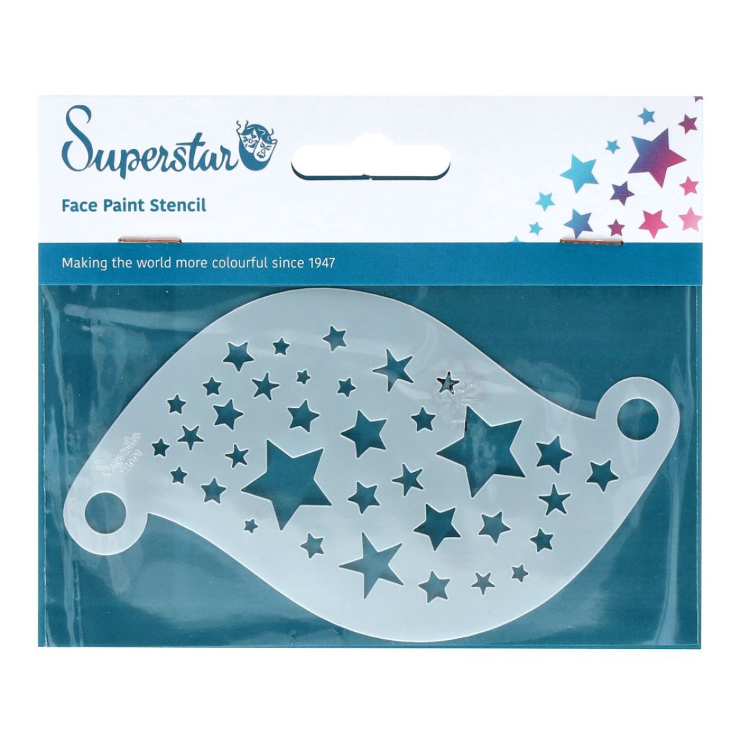 Superstar Face Paint Stencil Stars 77001, sterrensjabloon met variërende formaten voor fantasie en feest, verkrijgbaar bij SchminkenGrime.nl Stencil met kleine en grote sterren voor feestelijke, ruimte- of prinsessenlooks, verkrijgbaar bij SchminkenGrime.nl
