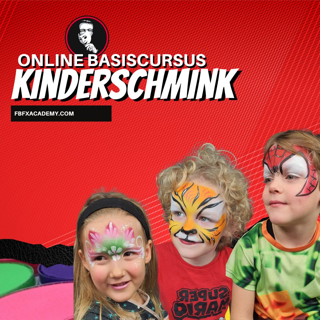 Kursbanner des Online-Grundkurses Kinderschminken mit fröhlich geschminkten Kindern