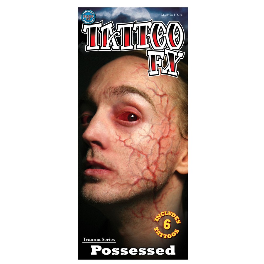 Tinsley Tattoo FX Possessed FX Makeup, tijdelijke tatoeage voor een bezeten effect, verkrijgbaar bij SchminkenGrime.nl.