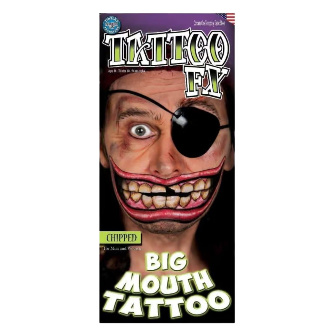 Verpakking van de Tinsley Big Mouth Tattoo – Chipped met twee tijdelijke tattoos – verkrijgbaar bij SchminkenGrime.nl