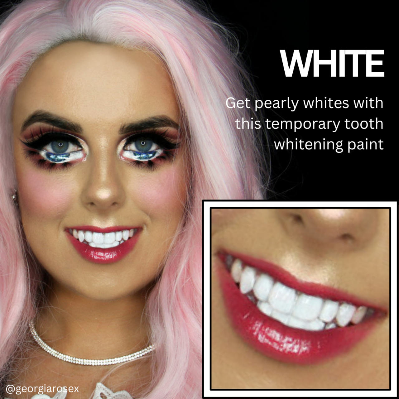 Voorbeeld van Mehron Tooth FX White in gebruik – te bestellen bij SchminkenGrime.nl Make-up voorbeeld met Mehron Tooth FX White – tijdelijke tandverf voor stralend witte tanden – te koop bij SchminkenGrime.nl
