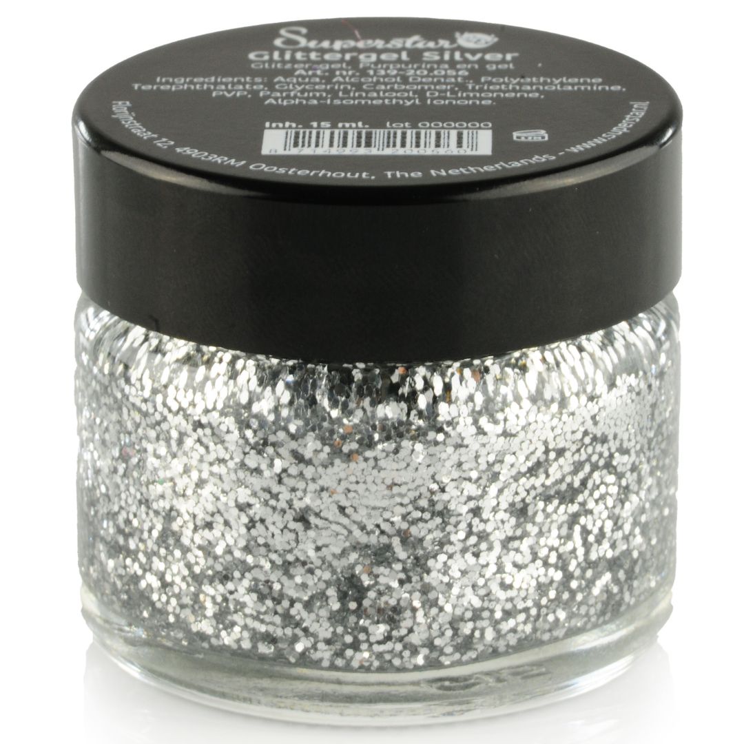 Superstar Glittergel Zilver 15ml met metallic zilveren glitters, voor een stralende afwerking, verkrijgbaar bij SchminkenGrime.nl