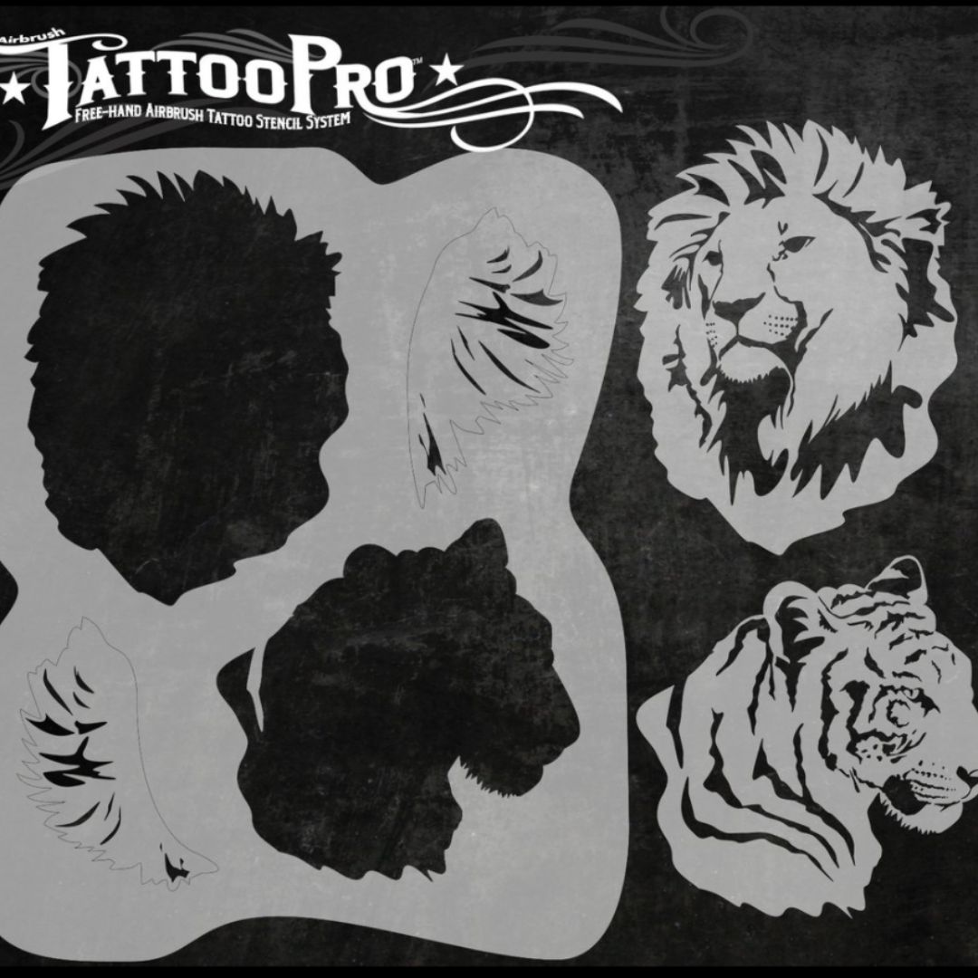 Wiser’s TattooPro stencil Big Cats, airbrush sjabloon met leeuw en tijger, verkrijgbaar bij SchminkenGrime.nl Wiser’s TattooPro airbrush stencil met een gedetailleerde leeuw en tijger, ontworpen voor stoere en krachtige tijdelijke tattoos, verkrijgbaar bij SchminkenGrime.nl