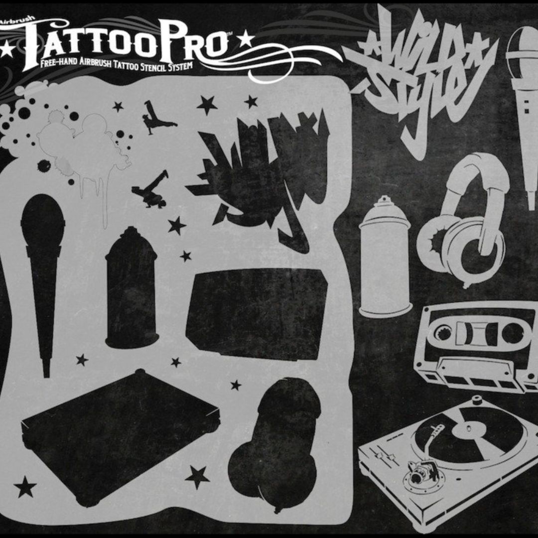 TattooPro stencil van Wiser’s met hiphopstijl graphics en street-art invloeden, ontworpen voor airbrush tattoos met een edgy uitstraling, verkrijgbaar bij SchminkenGrime.nl