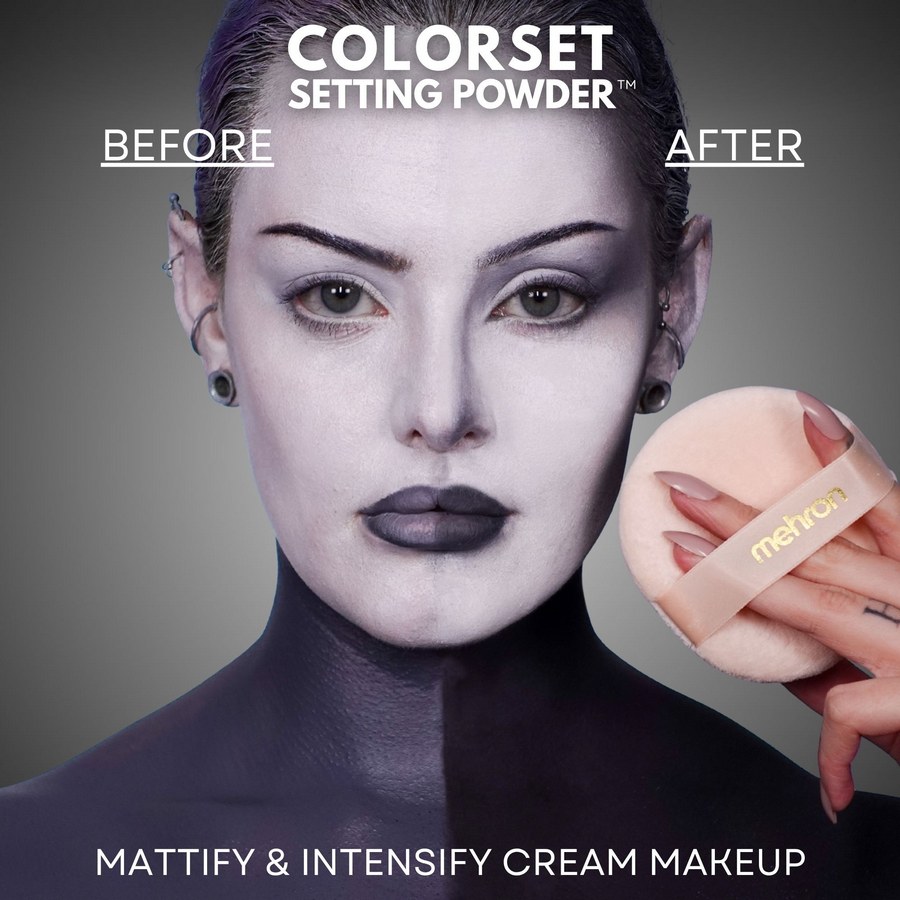 Mehron Colorset Powder Bold Zwart, talkvrij en vegan fixeerpoeder dat je look urenlang op zijn plek houdt.