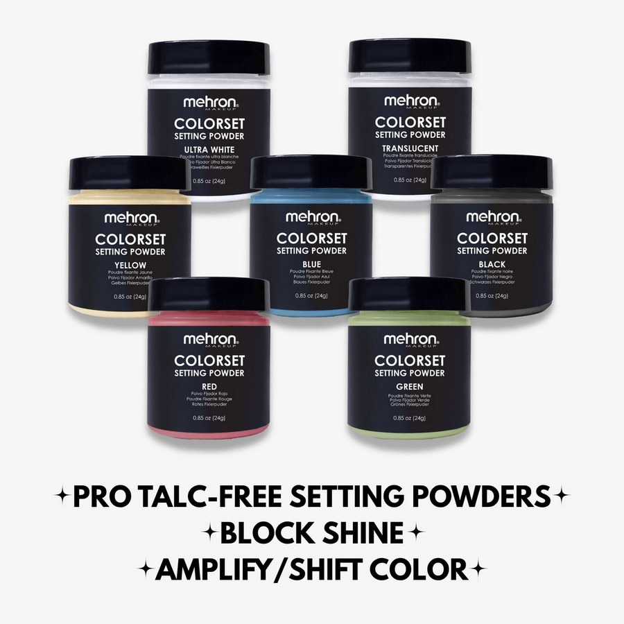 Zeven potjes talkvrije Mehron Colorset Powder Bold die glans wegnemen en de kleur van crème-schmink versterken of verschuiven.
