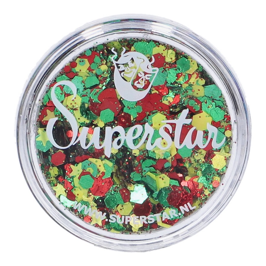 Superstar Chunky Glitter Cream Alaaf aangebracht voor carnaval, verkrijgbaar bij SchminkenGrime.nl