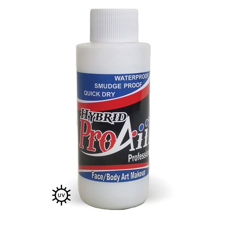 ProAiir Hybrid Flo White 60ml fles met neon witte airbrush schmink op alcoholbasis, watervast en dekkend, verkrijgbaar bij SchminkenGrime.nl