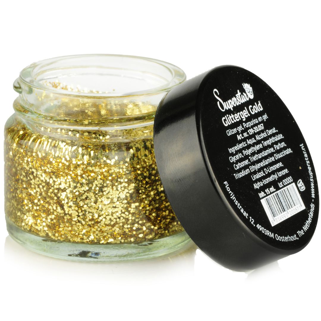 superstar glittergel goud 15ml, warme goudtint glittergel voor accenten en details, verkrijgbaar bij SchminkenGrime.nl Superstar Glittergel Goud 15ml met warme gouden sparkles voor detailwerk, verkrijgbaar bij SchminkenGrime.nl
