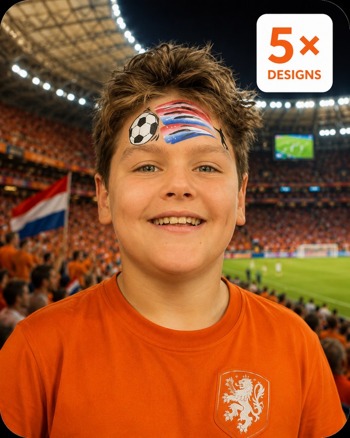 WK voetbal schminkvoorbeelden met vijf eenvoudige designs verkrijgbaar bij SchminkenGrime.nl