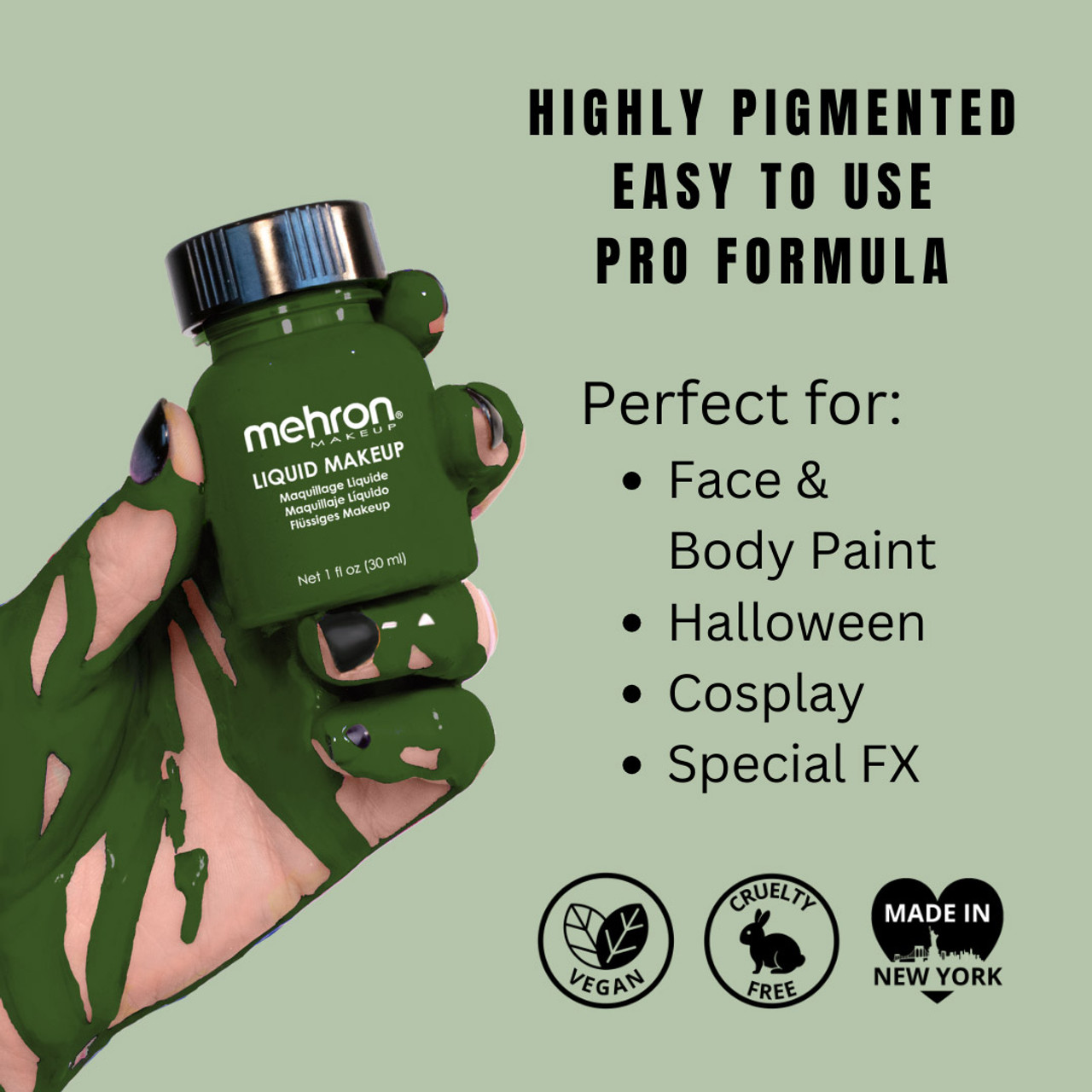 Mehron Liquid Makeup Green 135ml, info en toepassingen, verkrijgbaar bij SchminkenGrime.nl Informatieve afbeelding van Mehron Liquid Makeup Green (135ml), vloeibare schmink in heldergroen voor grime, facepaint en SFX, vegan en makkelijk afwasbaar, verkrijgbaar bij SchminkenGrime.nl