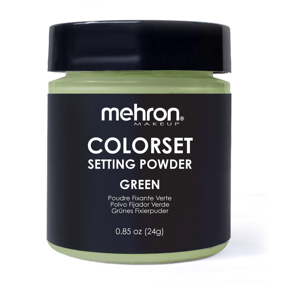 Potje Mehron Colorset Powder Bold Groen van 24 gram, groene setting powder met zwarte schroefdeksel.
