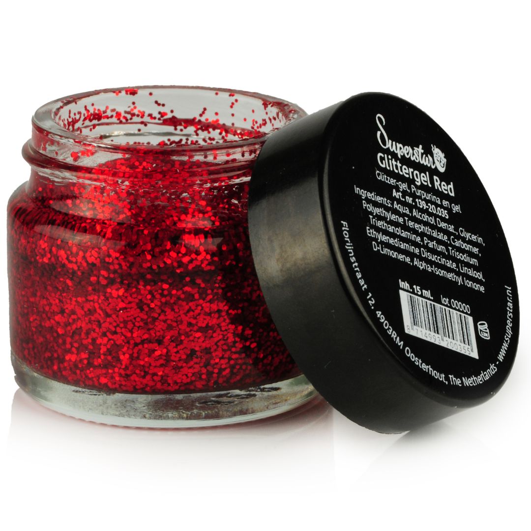 superstar glittergel rood 15ml, helderrode glittergel voor feestelijke looks, verkrijgbaar bij SchminkenGrime.nl Superstar Glittergel Rood 15ml met helderrode glitters, geschikt voor feestmake-up of schminkaccenten, verkrijgbaar bij SchminkenGrime.nl