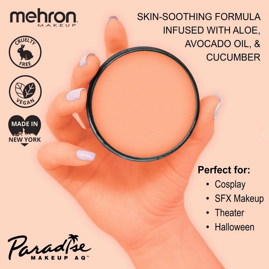 Vegan facepaint Mehron Paradise Makeup AQ™ Pastel Orange (40 gram) Mehron Paradise Makeup AQ™ Pastel Orange (40 gram) in hand, met info over vegan formule met aloë, avocado-olie en komkommer, geschikt voor cosplay en SFX.