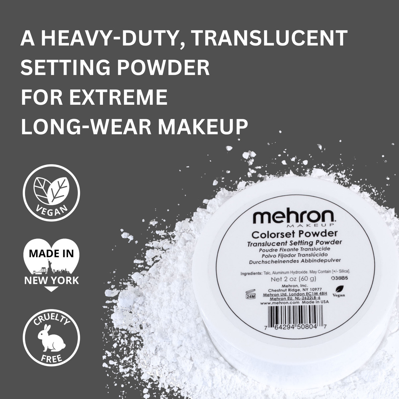 Vegan transparant setting powder van Mehron | SchminkenGrime.nl Close-up van Mehron Colorset Powder met poederstructuur en vegan & cruelty-free icoontjes