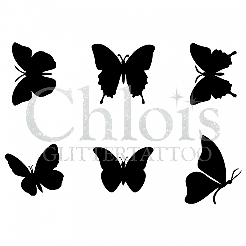 Chlois Glittertattoo Sjabloon Butterfly, set van 6 mini stencils met vlinderontwerpen, ideaal voor kleurrijke glittertattoos, verkrijgbaar bij SchminkenGrime.nl.